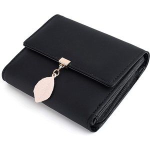 Women Small Black PU Leather Leaf Pendant Zipper Coin Purse